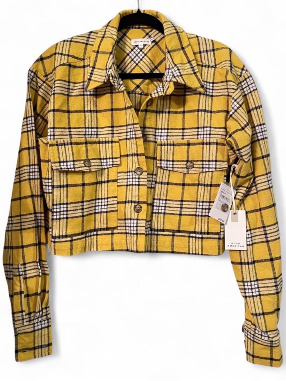 NWT Good American Emory Yellow Plaid Cropped Flacket Shacket 1 S